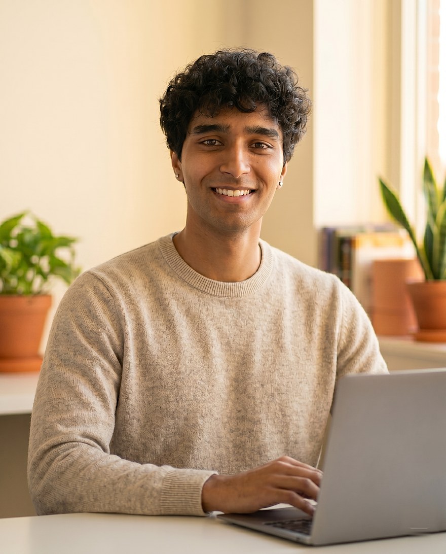 Suraj Swaminathan smiling at his desk with a laptop, in warm natural light